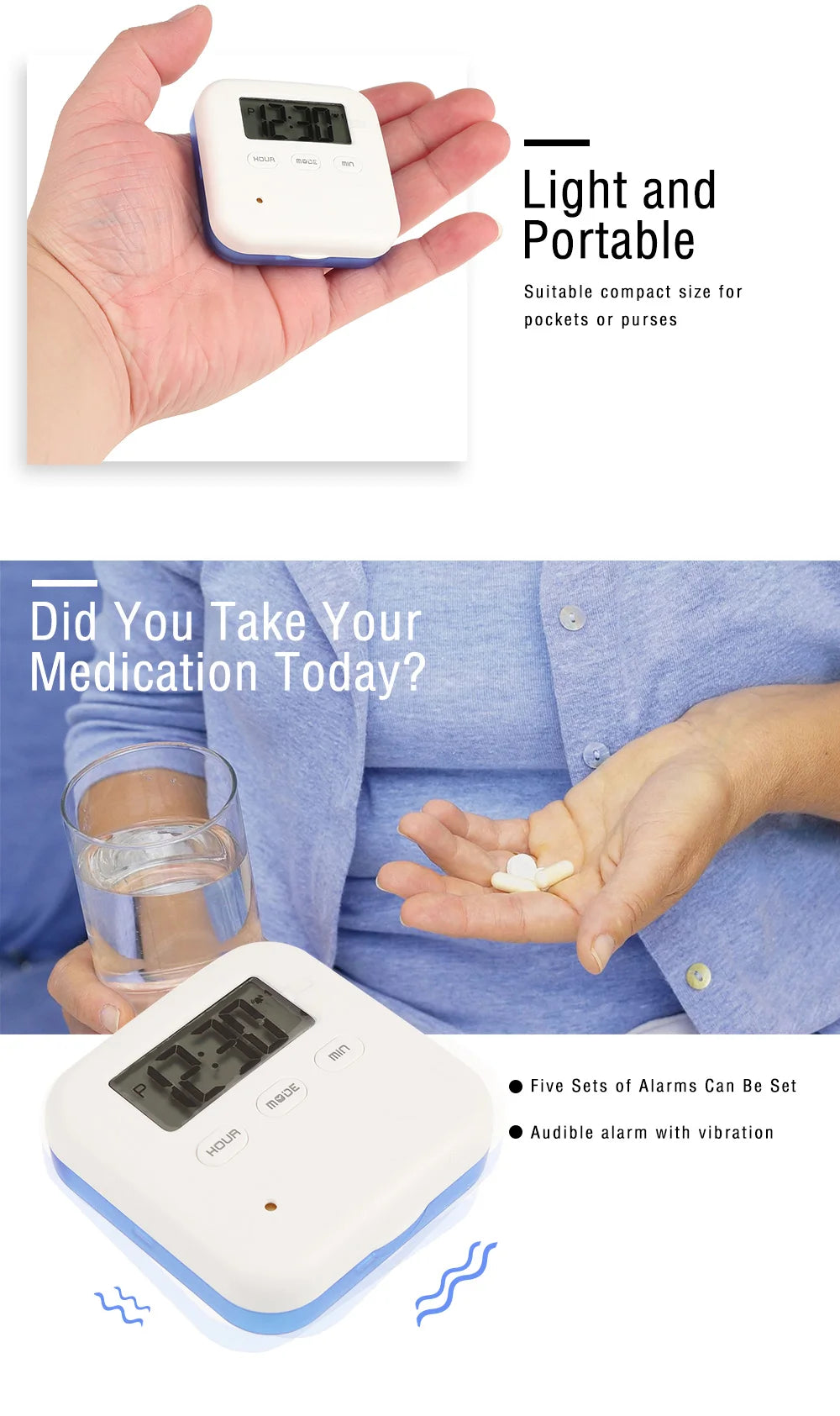 Portable Mini Pill Box Timed Reminders
